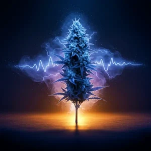 Blue Haze cannabis plant in full flower glowing with violet-blue trichomes and an electric haze waveform behind it, symbolising its creative Sativa clarity – photographed under cinematic warm and cool lighting for Aussie Hemp Seeds Australia.