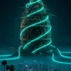 LA Confidential Feminised seeds poster: Ultra-bushy Indica cola glowing with teal neon lines against a dark, sci-noir Los Angeles skyline.