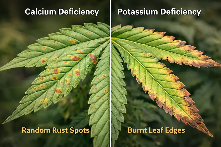 Comparison of cannabis leaf calcium deficiency rust spots and potassium deficiency burnt leaf edges.