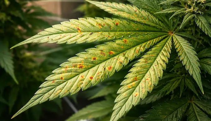 Close-up of a cannabis fan leaf showing brown rust spots caused by calcium deficiency during indoor cannabis cultivation.