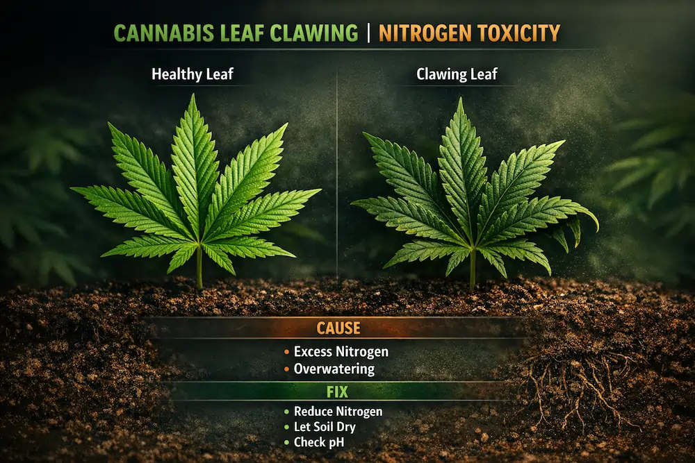 cannabis-leaf-clawing-nitrogen-toxicity Cannabis leaf clawing caused by nitrogen toxicity showing downward curled leaf tips compared with healthy cannabis leaf