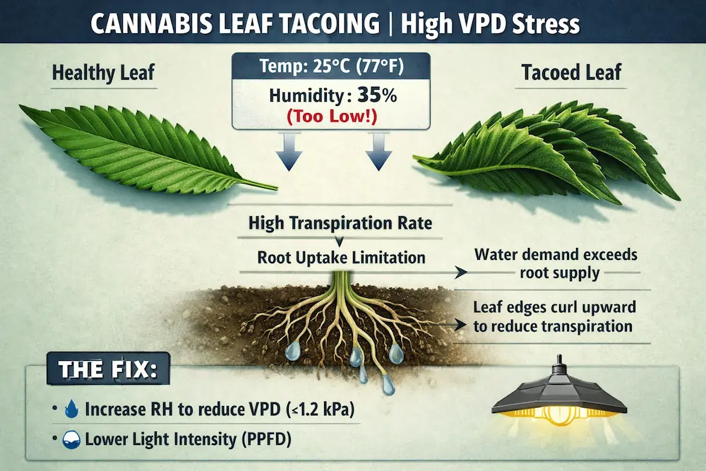 cannabis-leaf-tacoing-high-vpd-stress Cannabis leaf tacoing caused by high VPD stress showing curled leaves from low humidity and excessive transpiration