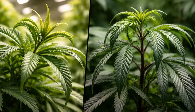 Comparison of cannabis leaves curling upward like taco leaves and curling downward in nitrogen claw stress