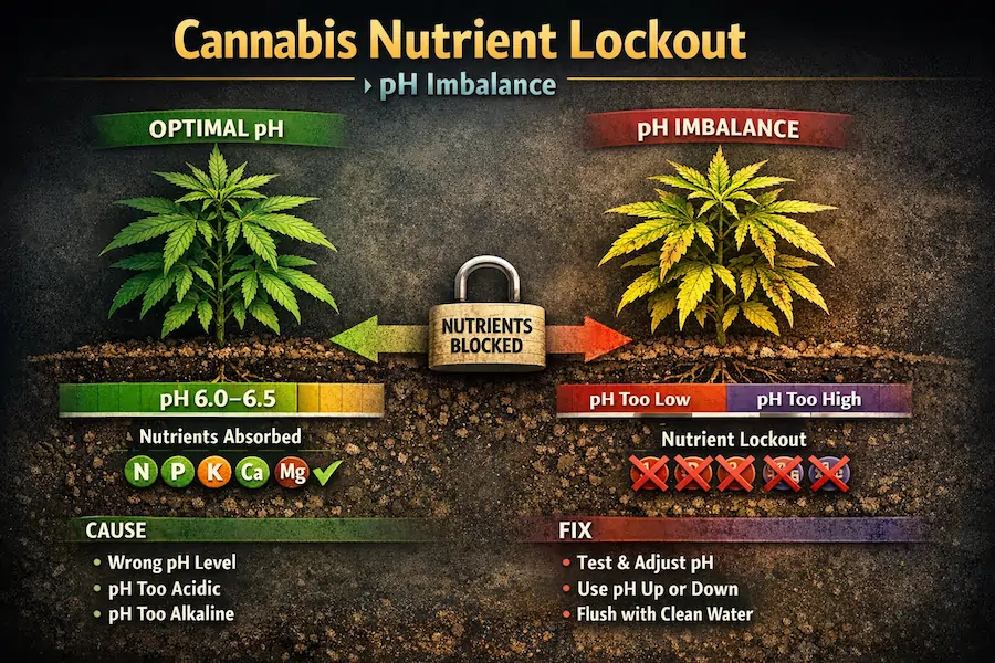 cannabis-nutrient-lockout-ph-imbalance Cannabis nutrient lockout caused by pH imbalance showing healthy plant compared with nutrient deficiency symptoms