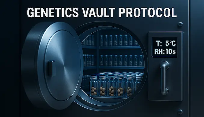 High-tech vault storing cannabis seeds in small glass vials under controlled conditions, with digital readout showing 5°C and 10% RH, and the title ‘Genetics Vault Protocol’ displayed above.