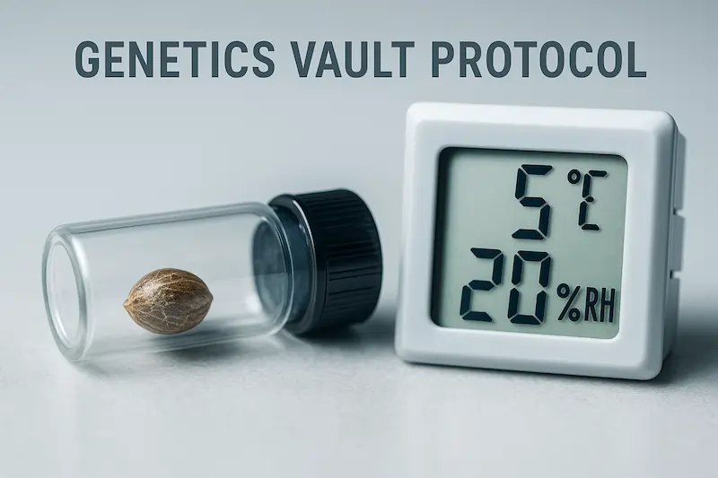 Bright, high-clarity photograph of a cannabis seed stored in a sealed glass vial next to a digital thermometer-hygrometer showing 5°C and 20% RH, demonstrating correct long-term seed storage conditions for the Genetics Vault Protocol.