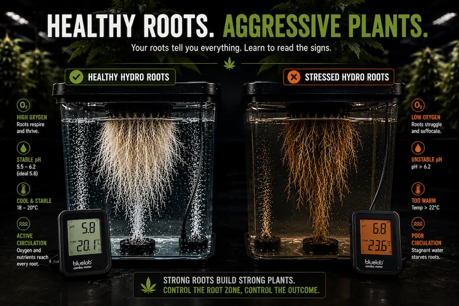 Comparison of healthy and stressed hydroponic cannabis roots showing oxygen-rich white roots versus warm stagnant root-zone stress in a DWC reservoir system