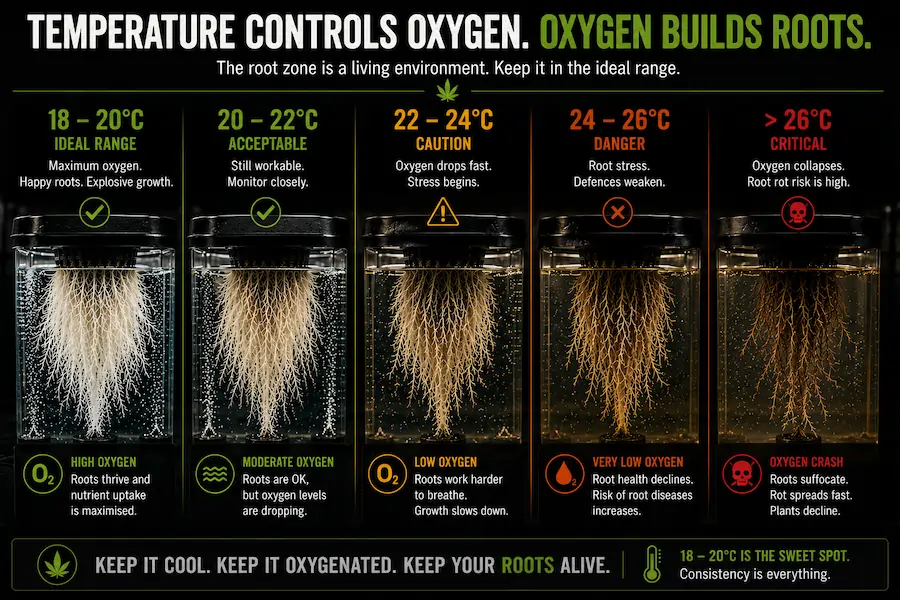 Hydroponic cannabis root-zone temperature chart showing how warmer reservoir temperatures reduce oxygen levels and increase root stress in DWC systems