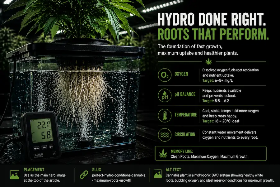 Hydroponic cannabis DWC system with healthy white roots, oxygen bubbles, stable pH meter, and ideal reservoir conditions for aggressive root-zone growth in Australia