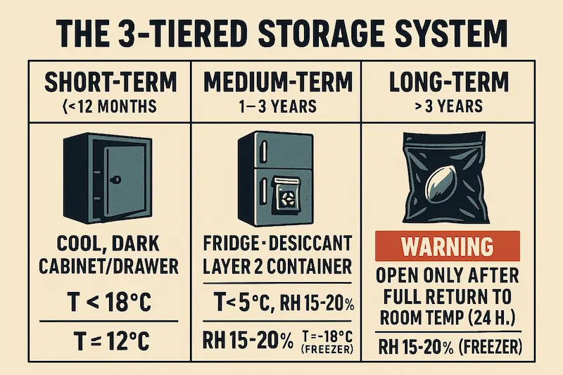 Infographic illustrating the 3-tiered seed storage system: Short-term (<12 months) in a cool, dark cabinet; Medium-term (1-3 years) in a fridge with desiccant; and Long-term (>3 years) in a freezer with a warning for a 24-hour thaw.