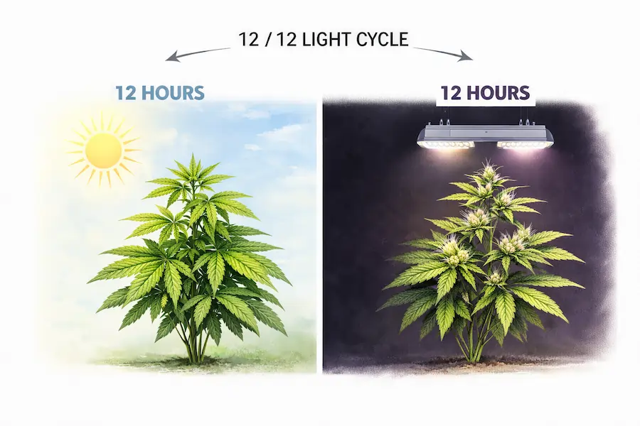 indoor cannabis flowering triggered by 12 hours light and 12 hours darkness