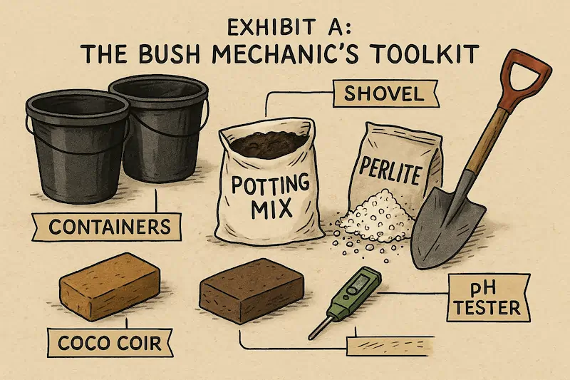 bush-mechanic-toolkit-cannabis-outdoor Overhead layout of outdoor cannabis growing tools including soil, buckets, perlite, and pH tester.