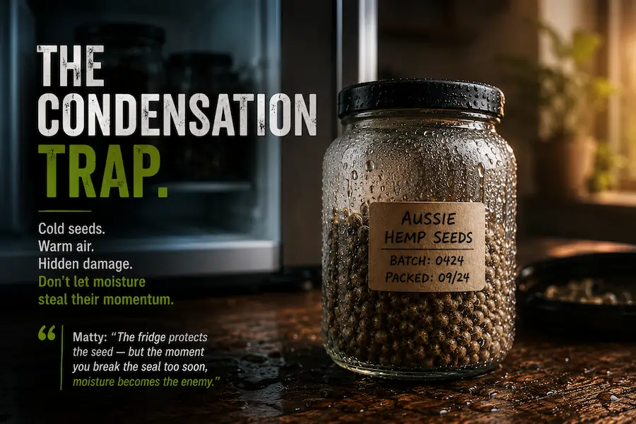 Cold cannabis seed jar forming condensation after being removed from fridge storage too early