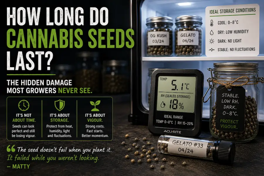 Cannabis seed storage guide showing ideal long-term storage conditions for preserving seed vigour and germination momentum