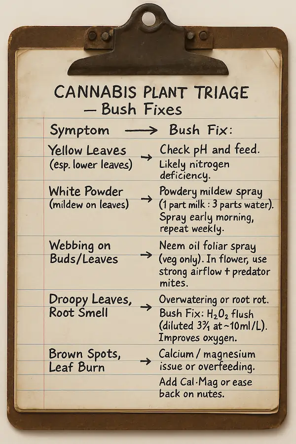cannabis-triage-guide-bush-fixes Triage chart of cannabis plant symptoms matched with bush mechanic fixes like neem oil, milk spray, and H₂O₂.