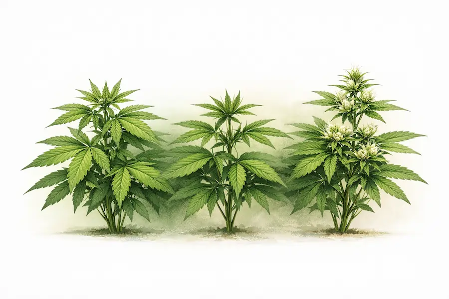 cannabis plant vegetative stage pre-flower pistils and early flowering buds