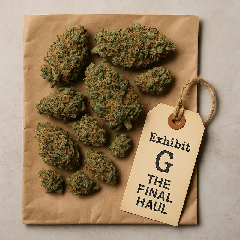 outdoor-cannabis-harvest-final-haul Cannabis buds displayed on paper labelled Exhibit G – The Final Haul.