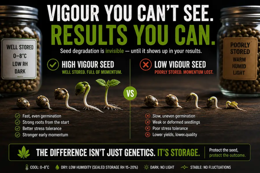 Comparison of high vigour and low vigour cannabis seeds showing how proper storage affects germination speed, root strength, and seedling growth