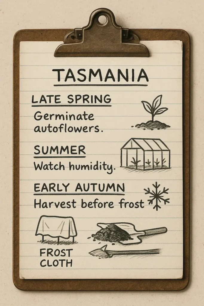 tasmania-cannabis-grow-log-notes Handwritten grow log notes for Tasmania showing planting, frost protection, and harvest timing.