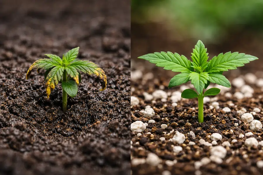 autoflower-soil-clawing-vs-healthy-australia.webp autoflower seedling clawing from hot soil vs healthy plant in light airy soil australia