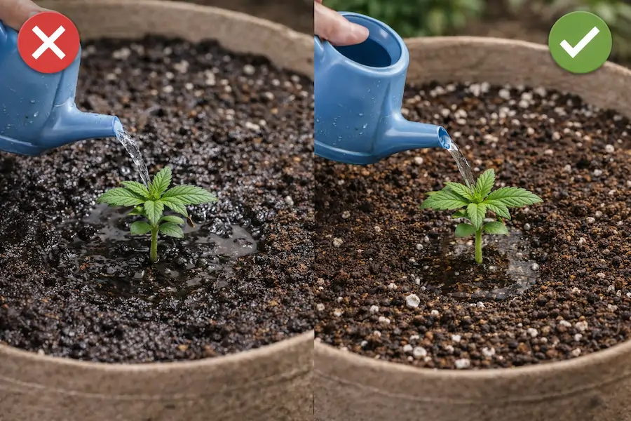 autoflower-watering-circle-technique-australia watering autoflower seedling correctly in final pot vs overwatering entire soil australia