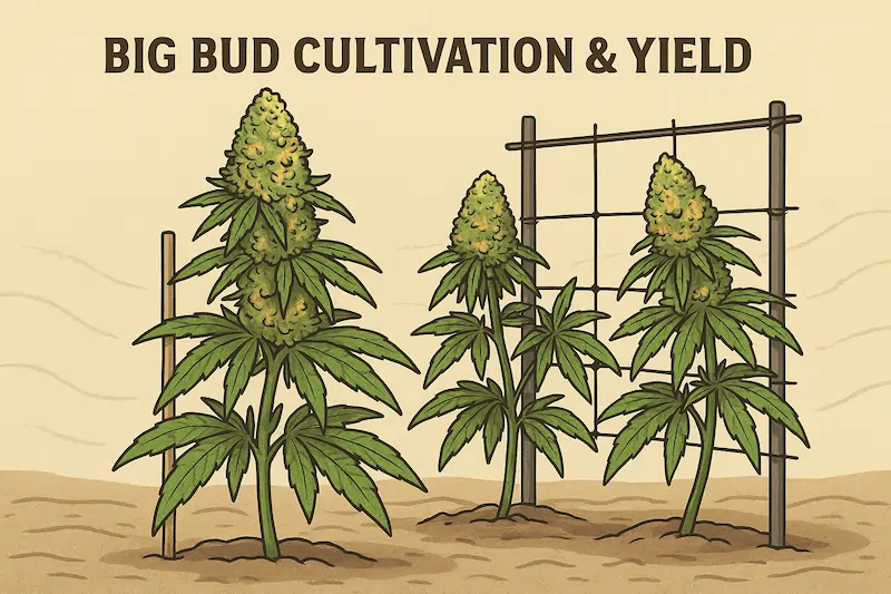 Illustration of Big Bud cannabis plants with oversized colas supported by stakes and trellis, showing massive yields and dense buds.