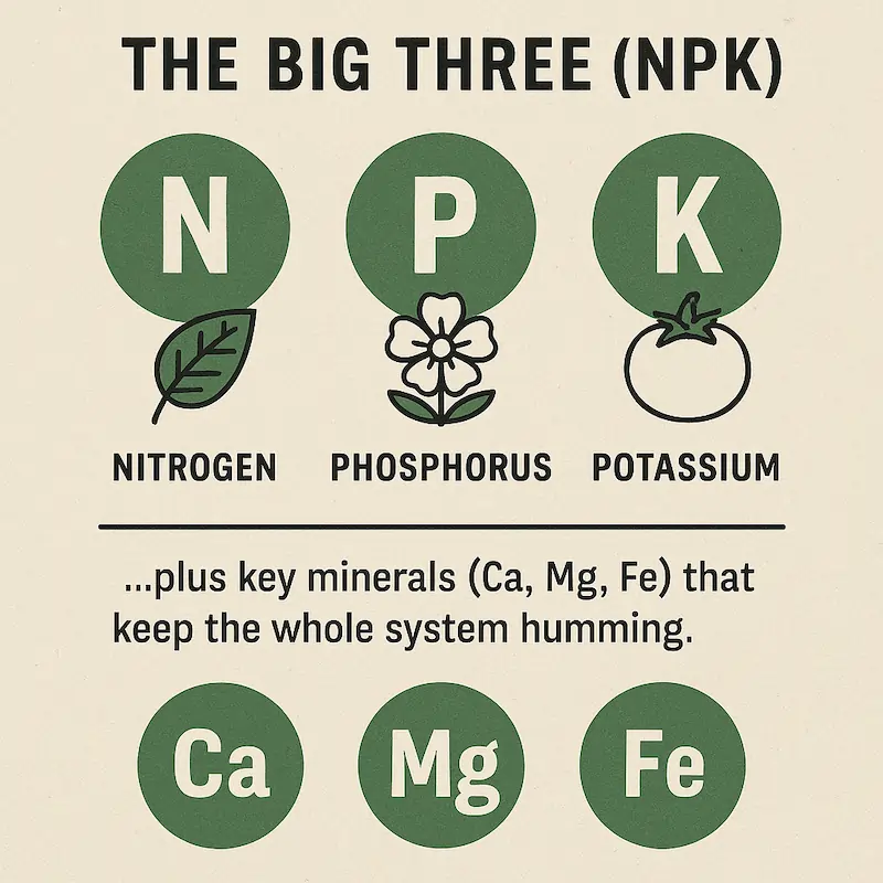 Exhibit A: The Big Three (NPK) — infographic showing Nitrogen (N) as the builder, Phosphorus (P) as the spark plug, Potassium (K) as the duct tape, with supporting minerals Calcium (Ca), Magnesium (Mg), and Iron (Fe).
