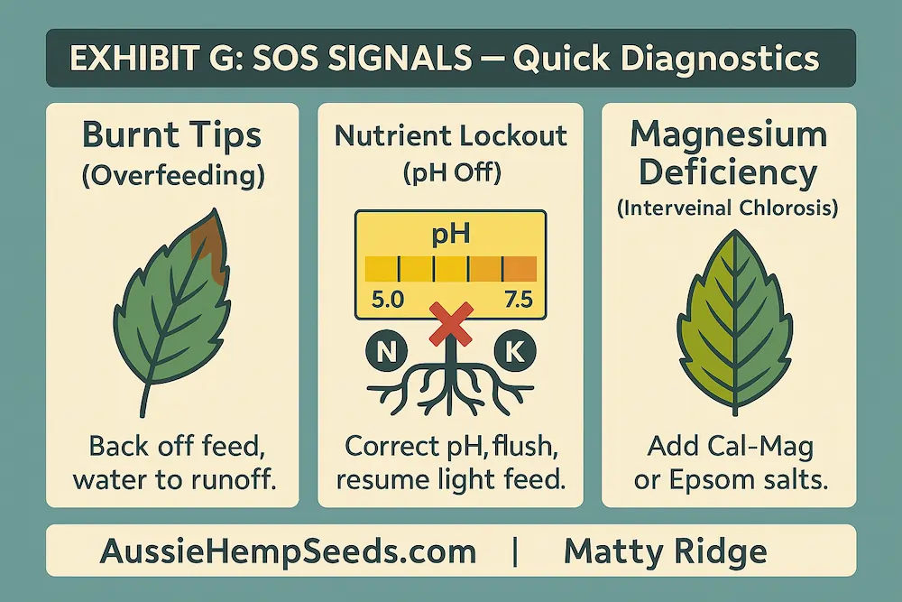 Exhibit G infographic showing three plant “SOS” issues: Burnt Tips from overfeeding (brown leaf tips), Nutrient Lockout from pH off with NPK icons blocked at the roots, and Magnesium Deficiency with yellow interveinal stripes; flat, clean 2D style.