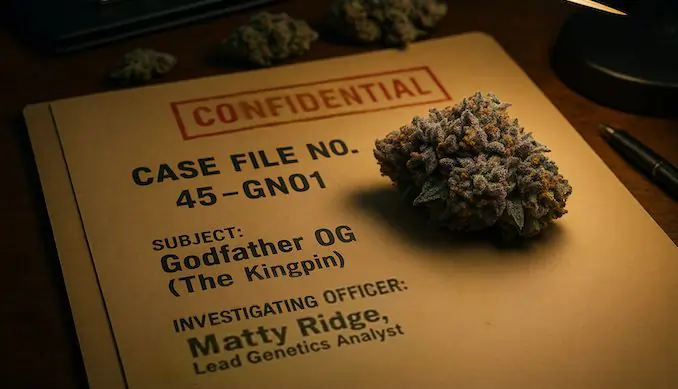 Hero image showing Matty Ridge’s Case File No. 45-GN01 marked CONFIDENTIAL with Godfather OG buds under lab light — cinematic grower’s desk.