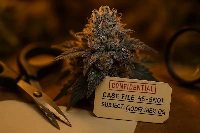 Realistic macro photograph of Godfather OG cannabis buds showing dense green and purple tones, heavy trichome coverage, and amber pistils under warm indoor light.