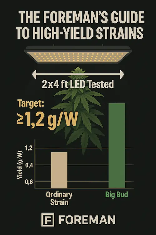 matty-ridge-test-bench-aussie-indoor-standard Flat-style infographic showing a 2×4 ft cannabis grow tent with four plants under a 300–480 W LED. Readouts display 24 °C, 50 % RH, ambient CO₂, 10–15 L fabric pots, and target ≥ 1.2 g/W — the Aussie indoor standard test bench by Matty Ridge.