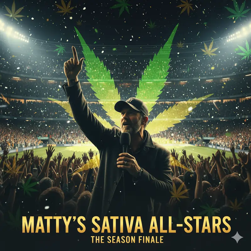 matty-sativa-all-stars-season-finale-wrap-up-image Stadium crowd cheering with a subtle cannabis overlay, and a coach giving a triumphant speech, representing the successful season of Matty's Sativa All-Stars.