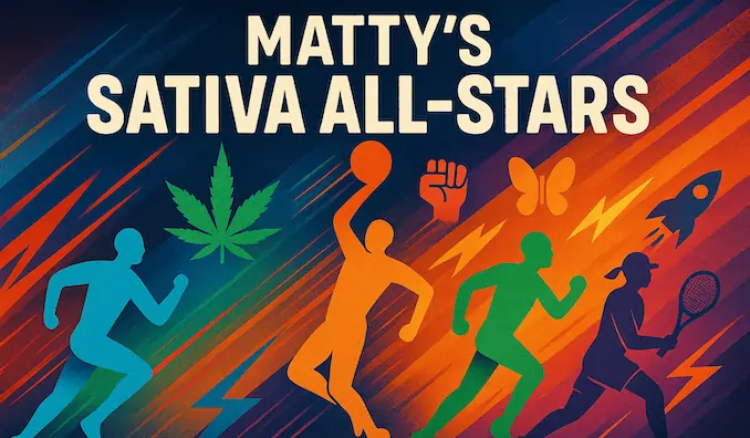 Hero image for Matty’s Sativa All-Stars blog — lineup poster with energetic graphics and strain nicknames highlighting the 6 best sativa strains for energy.
