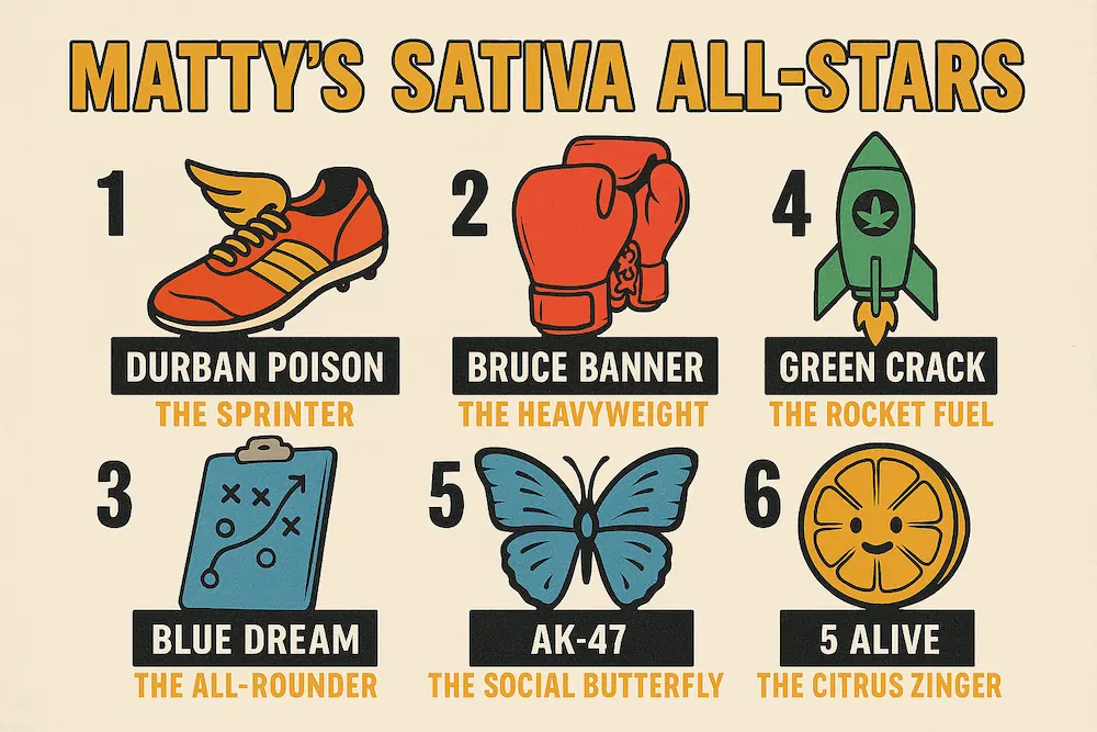 Matty’s Sativa All-Stars team poster featuring six legendary sativa strains — Durban Poison (The Sprinter), Bruce Banner (The Heavyweight), Blue Dream (The All-Rounder), Green Crack (The Rocket Fuel), AK-47 (The Social Butterfly), and 5 Alive (The Citrus Zinger) — styled like a fun sports lineup.