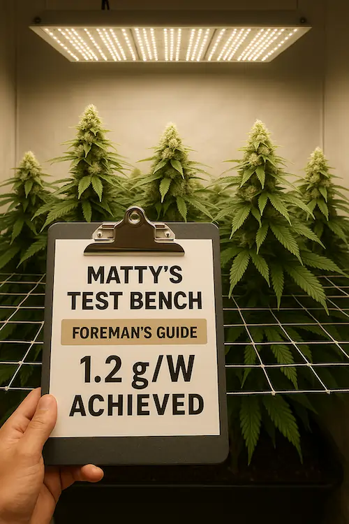 mattys-test-bench-indoor-grow-setup A hyper-realistic digital painting of Matty Ridge’s 2×4 ft indoor cannabis test bench featuring ten perfectly uniform, bushy cannabis plants glowing under high-end LED panels. Each plant is trained to the exact same height inside a reflective Mylar tent, representing precision and discipline. A clipboard reads “Matty’s Test Bench – 1.2 g/W Achieved,” confirming elite grow performance.