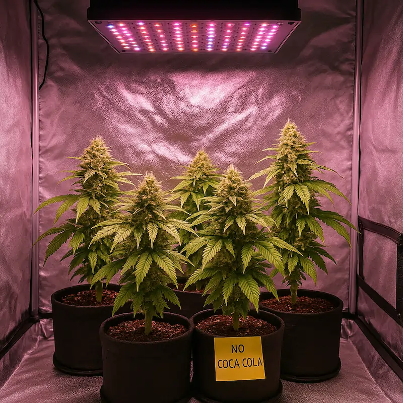 Indoor cannabis grow tent setup featuring short, stocky Northern Lights plants in fabric pots under glowing LED lights, with a humorous sticky note on one pot reading “No Coca-Cola.”