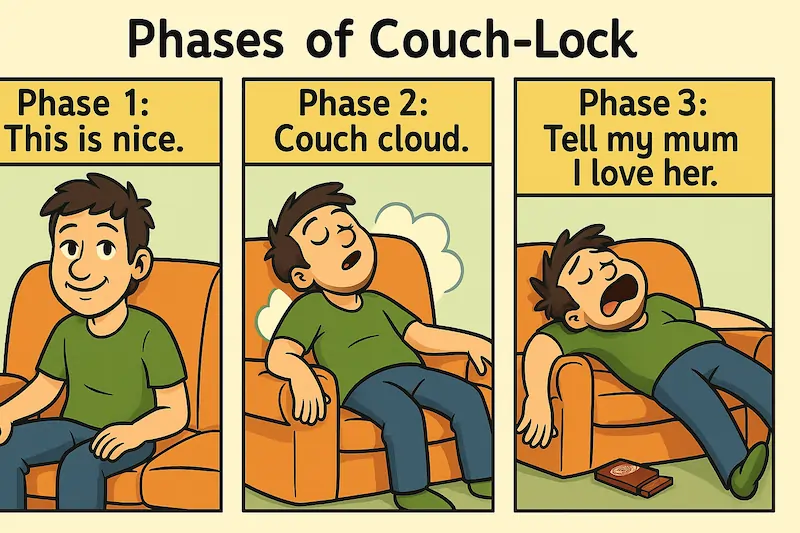 Three-panel comic titled ‘Phases of Couch-Lock’: Panel 1 smiling and relaxed, Panel 2 sinking into the couch with heavy limbs, Panel 3 fully sprawled with a snack just out of reach — bright, cheeky style.