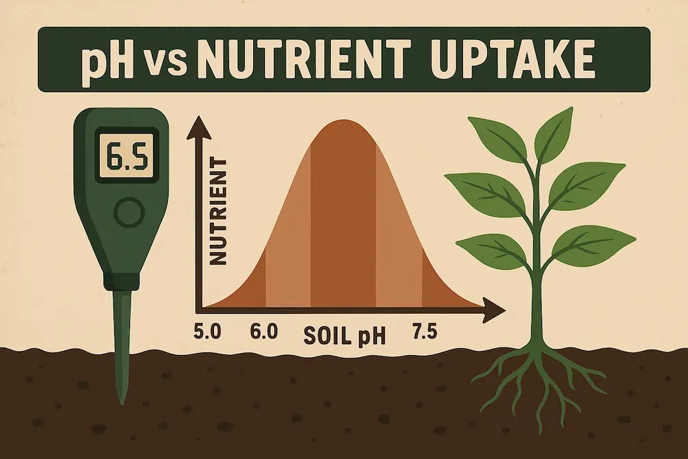 Infographic showing pH vs nutrient uptake in cannabis plants — how nitrogen, phosphorus, potassium, calcium, magnesium, and other nutrients are absorbed across different pH ranges in soil and hydro grows.