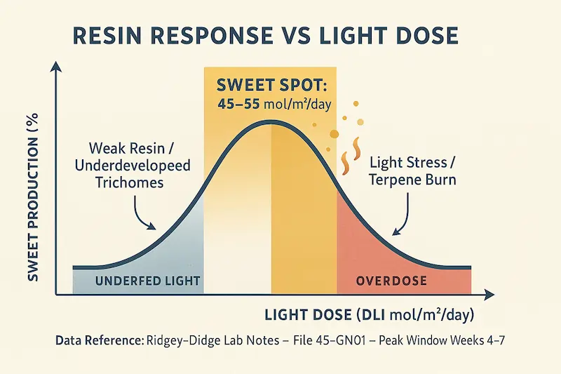 Scientific chart showing resin production response to light dose, highlighting the optimal DLI range of 45–55 mol/m²/day for peak trichome production during weeks 4–7.