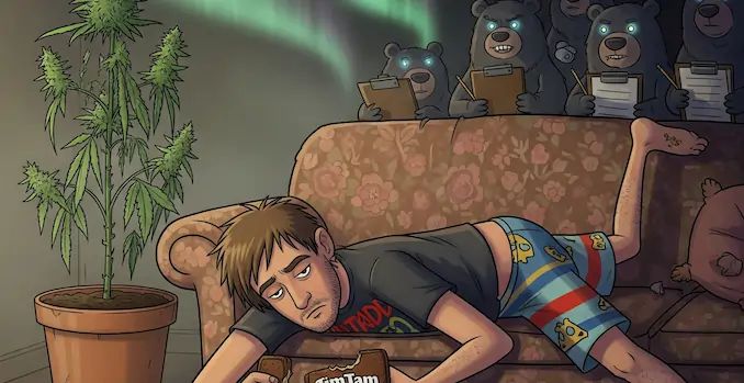 Satirical digital illustration of a cannabis strain review scene titled ‘The Couch-Lock Incident,’ featuring a cartoon mate slumped on a couch clutching a Tim Tam, with a Northern Lights cannabis plant in the background and humorous ‘drop bears with clipboards’ lurking, blending comedy with strain review theme.