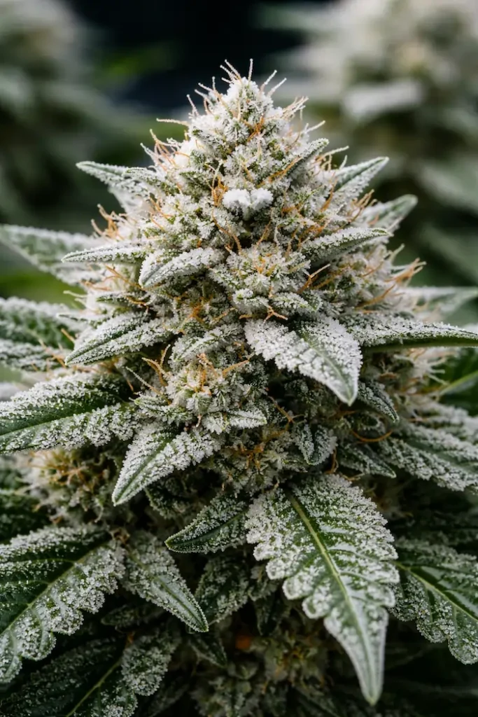 white widow strain buds covered in thick white trichomes showing heavy frost and resin production