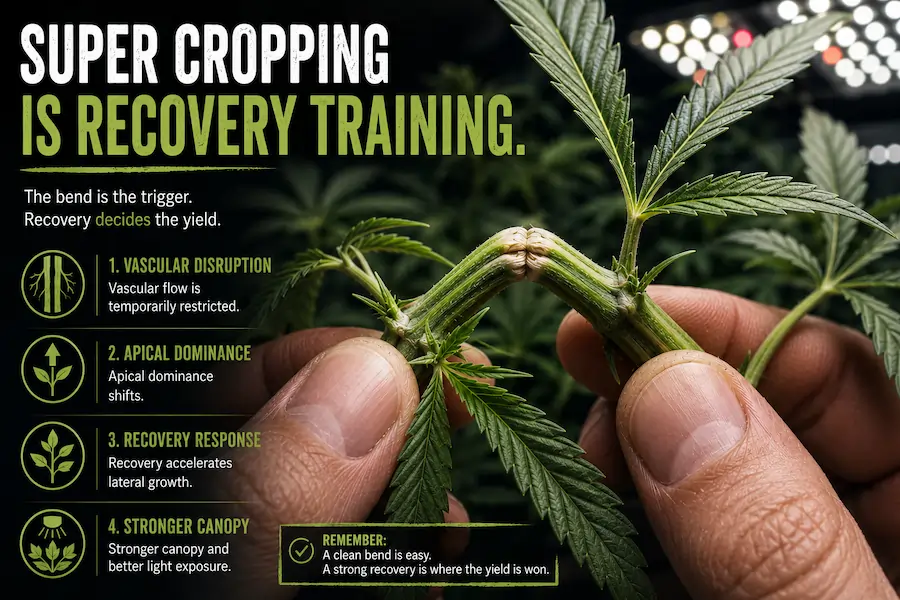 advanced-super-cropping-recovery-training Advanced super cropping cannabis technique showing branch bending, vascular recovery, hormonal redistribution and canopy training for bigger yields