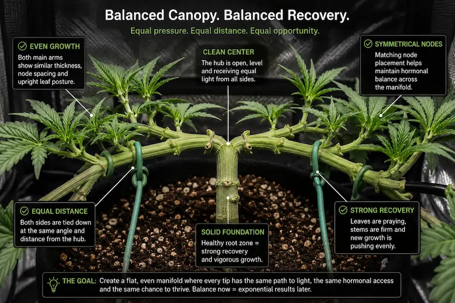 Step-by-step cannabis mainlining infographic showing topping, tie-down training, recovery stages, and balanced manifold development