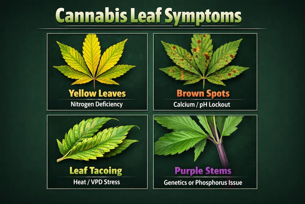 cannabis leaf symptoms chart showing yellow leaves brown spots leaf tacoing and purple stems