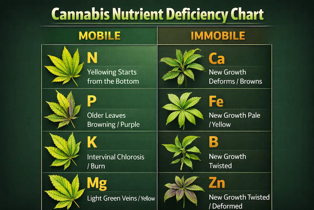 cannabis nutrient deficiency chart showing mobile and immobile nutrients nitrogen phosphorus potassium magnesium calcium iron boron zinc