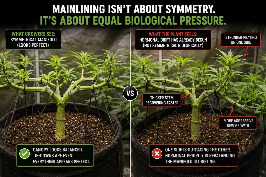 Cannabis mainlining comparison showing symmetrical manifold structure versus hormonal drift and uneven recovery during advanced training