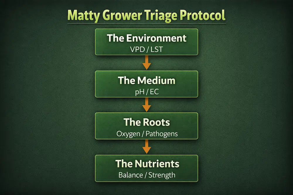 matty grower triage protocol cannabis plant troubleshooting flowchart environment medium roots nutrients diagnostic system
