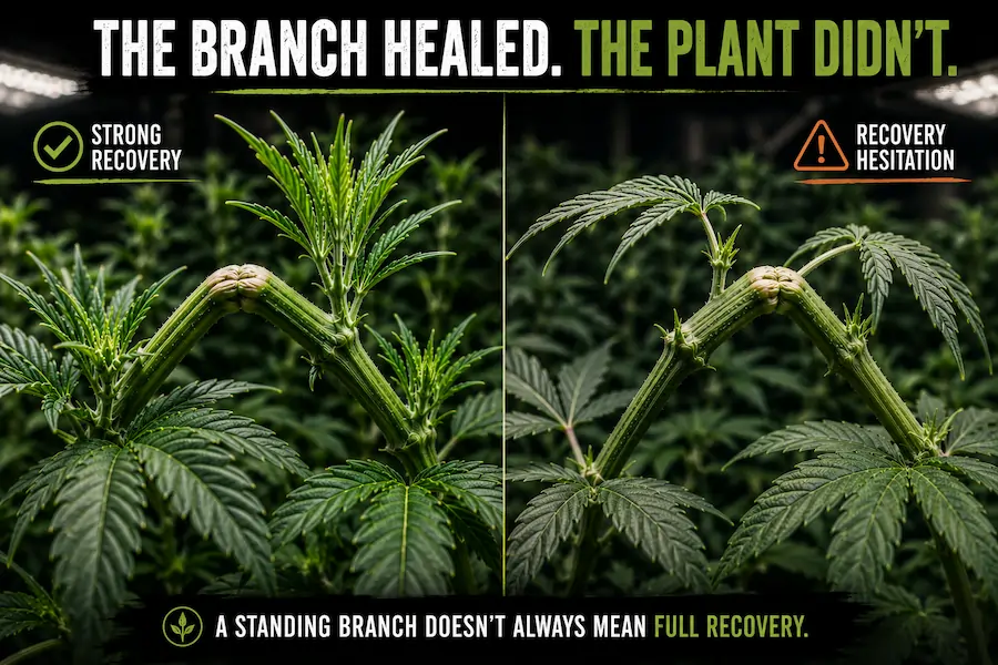 super-cropping-recovery-hesitation Cannabis super cropping comparison showing strong recovery versus recovery hesitation after branch bending and stem repair