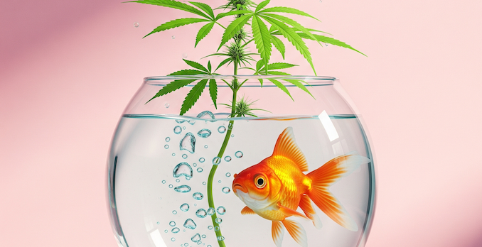 Cannabis plant growing in a fish tank