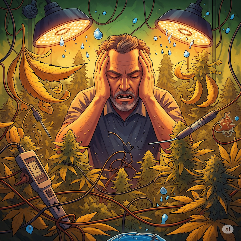 Frustrated grower dealing with cannabis plant problems and gear malfunctions in a chaotic grow tent.
